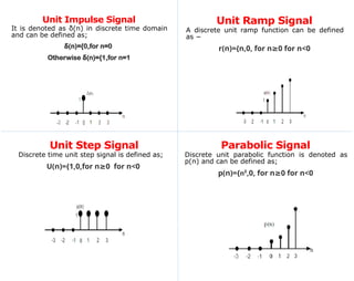 Unit Impulse Signal
It is denoted as δ(n) in discrete time domain
and can be defined as;
(n)={0,for n=0
δ
Otherwise (n)={1,for n=1
δ
Unit Step Signal
Discrete time unit step signal is defined as;
U(n)={1,0,for n 0
≥ for n<0
Unit Ramp Signal
A discrete unit ramp function can be defined
as −
r(n)={n,0, for n 0
≥ for n<0
Parabolic Signal
Discrete unit parabolic function is denoted as
p(n) and can be defined as;
p(n)={n²,0, for n 0
≥ for n<0
 