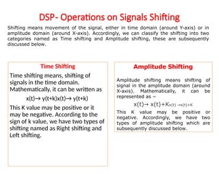 DSP- Operations on Signals Shifting
Time Shifting
Time shifting means, shifting of
signals in the time domain.
Mathematically, it can be written as
x(t)→ y(t+k)x(t)→ y(t+k)
This K value may be positive or it
may be negative. According to the
sign of k value, we have two types of
shifting named as Right shifting and
Left shifting.
Shifting means movement of the signal, either in time domain (around Y-axis) or in
amplitude domain (around X-axis). Accordingly, we can classify the shifting into two
categories named as Time shifting and Amplitude shifting, these are subsequently
discussed below.
Amplitude Shifting
Amplitude shifting means shifting of
signal in the amplitude domain (around
X-axis). Mathematically, it can be
represented as −
x(t) x(t)+K
→ x(t) x(t)+K
→
This K value may be positive or
negative. Accordingly, we have two
types of amplitude shifting which are
subsequently discussed below.
 