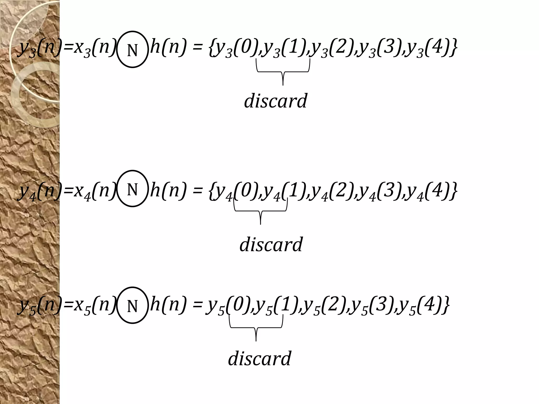 y3(n)=x3(n) N h(n) = {y3(0),y3(1),y3(2),y3(3),y3(4)}

                          discard



y4(n)=x4(n) N h(n) = {y4(0),y4(1),y4(2),y4(3),y4(4)}

                          discard

y5(n)=x5(n) N h(n) = y5(0),y5(1),y5(2),y5(3),y5(4)}

                        discard
 