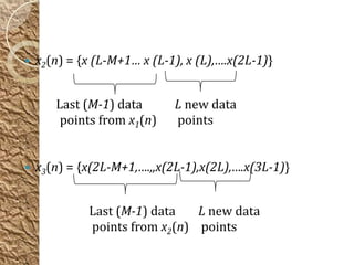    x2(n) = {x (L-M+1… x (L-1), x (L),….x(2L-1)}


       Last (M-1) data       L new data
        points from x1(n)    points


   x3(n) = {x(2L-M+1,….,,x(2L-1),x(2L),….x(3L-1)}


             Last (M-1) data   L new data
             points from x2(n) points
 