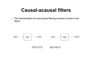 167
High pass-low pass filters
• |H( c )| takes the value of 0.5 for acausal filters. The mathematical
reasoning behind th...