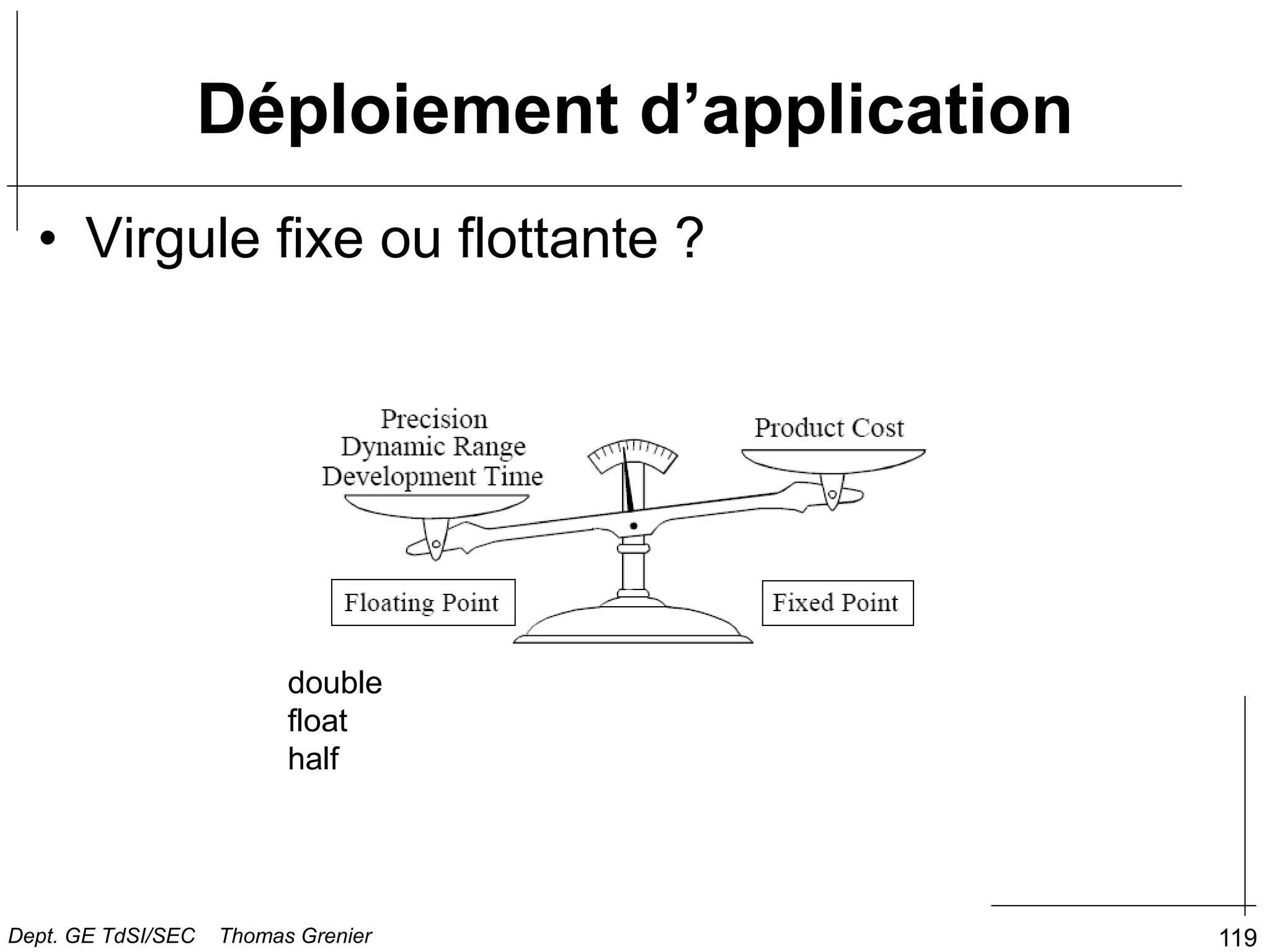 119
Déploiement d’application
• Virgule fixe ou flottante ?
Dept. GE TdSI/SEC Thomas Grenier
double
float
half
 