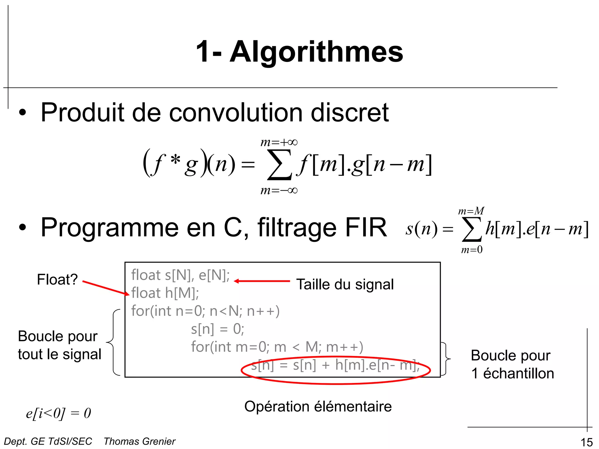 15
• Produit de convolution discret
• Programme en C, filtrage FIR
1- Algorithmes
float s[N], e[N];
float h[M];
for(int n=0; n<N; n++)
s[n] = 0;
for(int m=0; m < M; m++)
s[n] = s[n] + h[m].e[n- m];





M
m
m
m
n
e
m
h
n
s
0
]
[
].
[
)
(
  






m
m
m
n
g
m
f
n
g
f ]
[
].
[
)
(
*
e[i<0] = 0 Opération élémentaire
Float?
Boucle pour
1 échantillon
Boucle pour
tout le signal
Taille du signal
Dept. GE TdSI/SEC Thomas Grenier
 