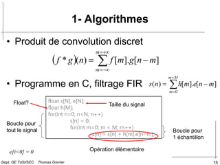 15
• Produit de convolution discret
• Programme en C, filtrage FIR
1- Algorithmes
float s[N], e[N];
float h[M];
for(int n=0; n<N; n++)
s[n] = 0;
for(int m=0; m < M; m++)
s[n] = s[n] + h[m].e[n- m];





M
m
m
m
n
e
m
h
n
s
0
]
[
].
[
)
(
  






m
m
m
n
g
m
f
n
g
f ]
[
].
[
)
(
*
e[i<0] = 0 Opération élémentaire
Float?
Boucle pour
1 échantillon
Boucle pour
tout le signal
Taille du signal
Dept. GE TdSI/SEC Thomas Grenier
 