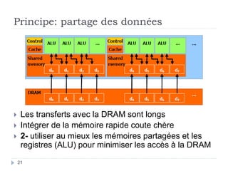 Principe: partage des données
 Les transferts avec la DRAM sont longs
 Intégrer de la mémoire rapide coute chère
 2- utiliser au mieux les mémoires partagées et les
registres (ALU) pour minimiser les accès à la DRAM
21
 