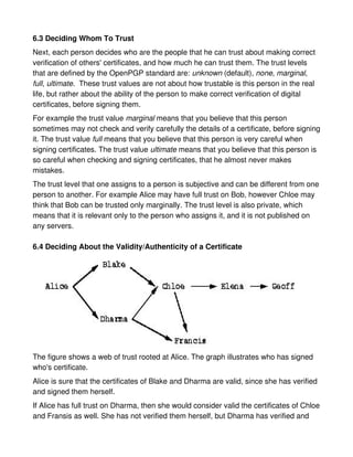 6.3 Deciding Whom To Trust
Next, each person decides who are the people that he can trust about making correct
verification of others' certificates, and how much he can trust them. The trust levels
that are defined by the OpenPGP standard are: unknown (default), none, marginal,
full, ultimate. These trust values are not about how trustable is this person in the real
life, but rather about the ability of the person to make correct verification of digital
certificates, before signing them.
For example the trust value marginal means that you believe that this person
sometimes may not check and verify carefully the details of a certificate, before signing
it. The trust value full means that you believe that this person is very careful when
signing certificates. The trust value ultimate means that you believe that this person is
so careful when checking and signing certificates, that he almost never makes
mistakes.
The trust level that one assigns to a person is subjective and can be different from one
person to another. For example Alice may have full trust on Bob, however Chloe may
think that Bob can be trusted only marginally. The trust level is also private, which
means that it is relevant only to the person who assigns it, and it is not published on
any servers.

6.4 Deciding About the Validity/Authenticity of a Certificate




The figure shows a web of trust rooted at Alice. The graph illustrates who has signed
who's certificate.
Alice is sure that the certificates of Blake and Dharma are valid, since she has verified
and signed them herself.
If Alice has full trust on Dharma, then she would consider valid the certificates of Chloe
and Fransis as well. She has not verified them herself, but Dharma has verified and
 