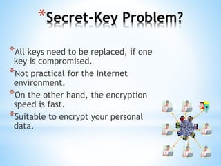 *Secret-Key Problem?
*All keys need to be replaced, if one
key is compromised.
*Not practical for the Internet
environment.
*On the other hand, the encryption
speed is fast.
*Suitable to encrypt your personal
data.
 