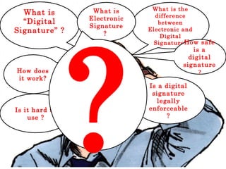 2
What is
“Digital
Signature” ?
What is the
difference
between
Electronic and
Digital
Signature?
How does
it work?
How safe
is a
digital
signature
?
What is
Electronic
Signature
?
Is it hard to
use ?
Is a digital
signature
legally
enforceable
?
?
 