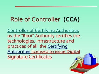 Role of Controller (CCA)
Controller of Certifying Authorities
as the “Root” Authority certifies the
technologies, infrastructure and
practices of all the Certifying
Authorities licensed to issue Digital
Signature Certificates
 