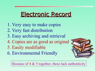Electronic Record
Electronic Record
1. Very easy to make copies
2. Very fast distribution
3. Easy archiving and retrieval
4. Copies are as good as original
5. Easily modifiable
6. Environmental Friendly
Because of 4 & 5 together, these lack authenticity
 