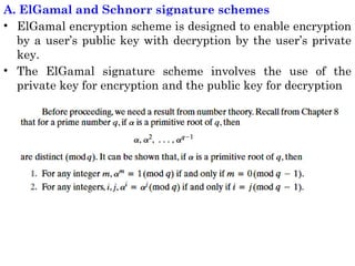 A. ElGamal and Schnorr signature schemes
• ElGamal encryption scheme is designed to enable encryption
by a user’s public key with decryption by the user’s private
key.
• The ElGamal signature scheme involves the use of the
private key for encryption and the public key for decryption
 