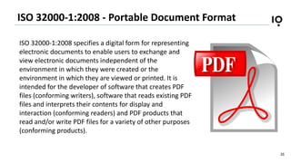 26
ISO 32000-1:2008 - Portable Document Format
ISO 32000-1:2008 specifies a digital form for representing
electronic docum...