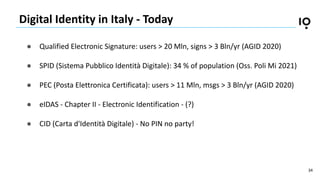 34
Digital Identity in Italy - Today
● Qualified Electronic Signature: users > 20 Mln, signs > 3 Bln/yr (AGID 2020)
● SPID...