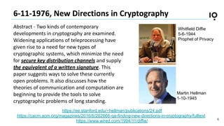 6
6-11-1976, New Directions in Cryptography
Abstract - Two kinds of contemporary
developments in cryptography are examined...