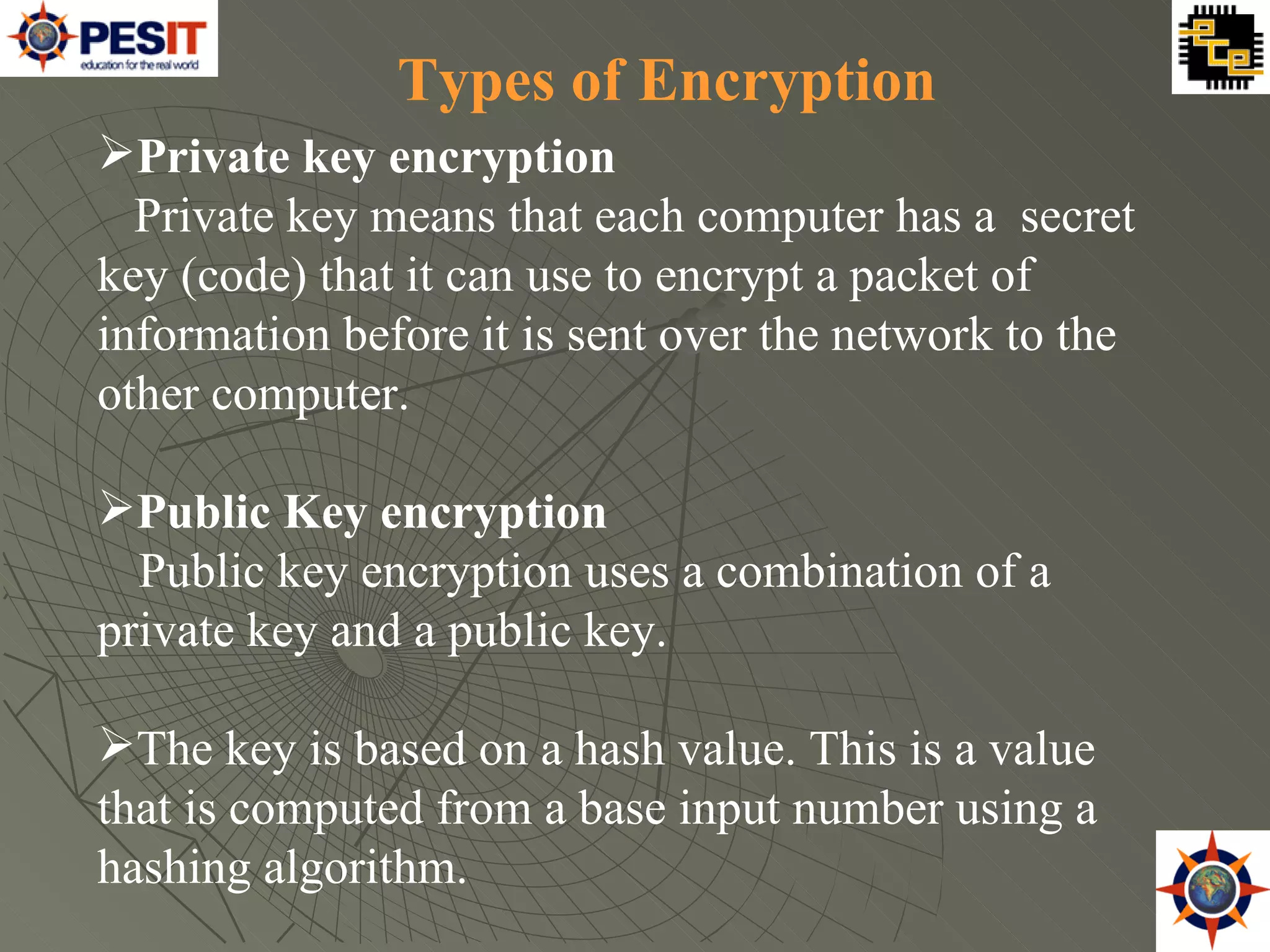 Private key encryption Private key means that each computer has a  secret key (code) that it can use to encrypt a packet of information before it is sent over the network to the other computer.  Public Key encryption Public key encryption uses a combination of a private key and a public key.  The key is based on a hash value. This is a value that is computed from a base input number using a hashing algorithm. Types of Encryption 