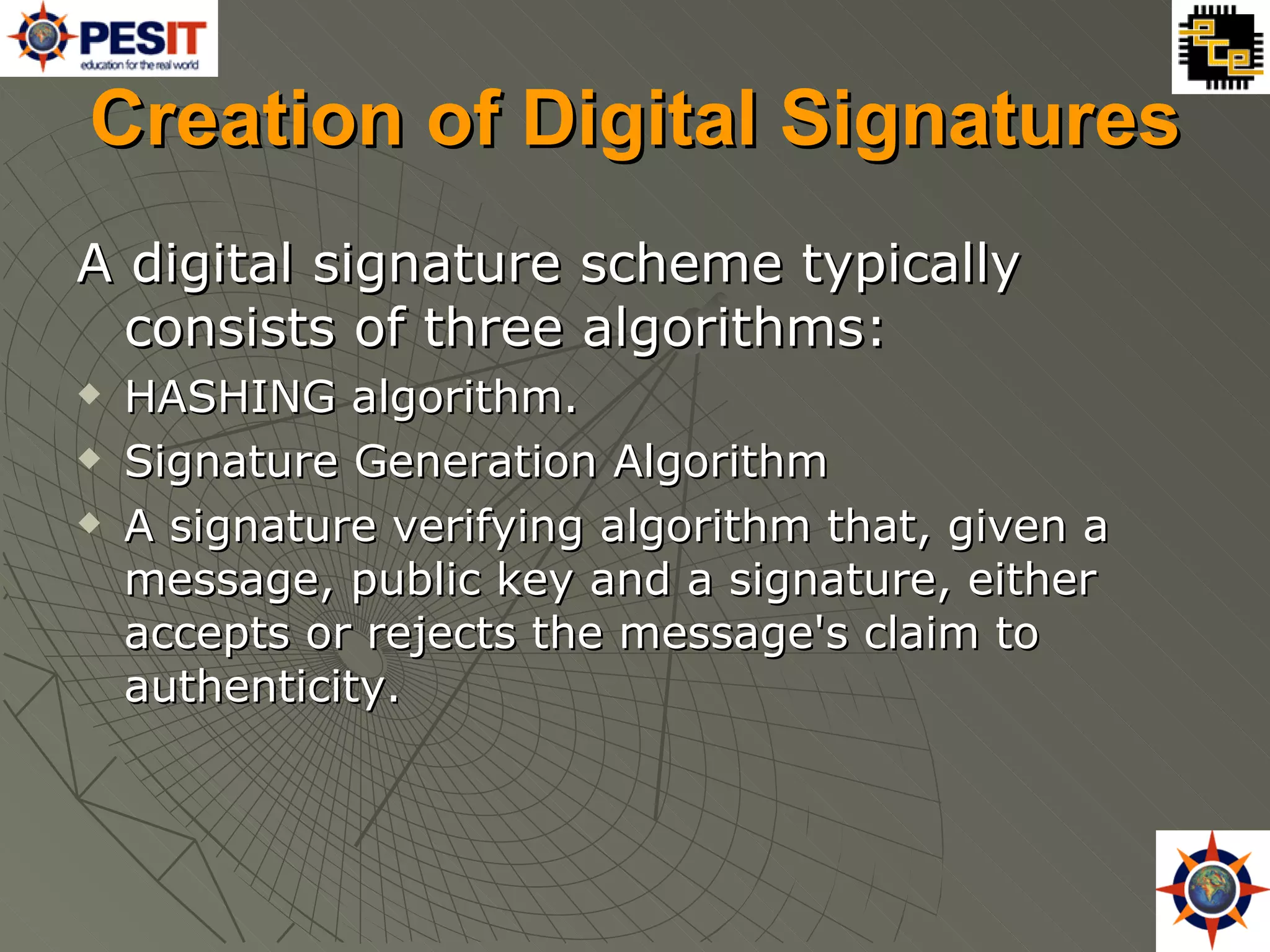 Creation of Digital Signatures A digital signature scheme typically consists of three algorithms: HASHING algorithm. Signature Generation Algorithm A signature verifying algorithm that, given a message, public key and a signature, either accepts or rejects the message's claim to authenticity. 