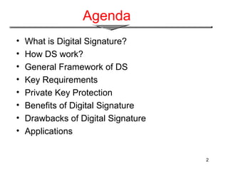Agenda
• What is Digital Signature?
• How DS work?
• General Framework of DS
• Key Requirements
• Private Key Protection
• Benefits of Digital Signature
• Drawbacks of Digital Signature
• Applications
2
 