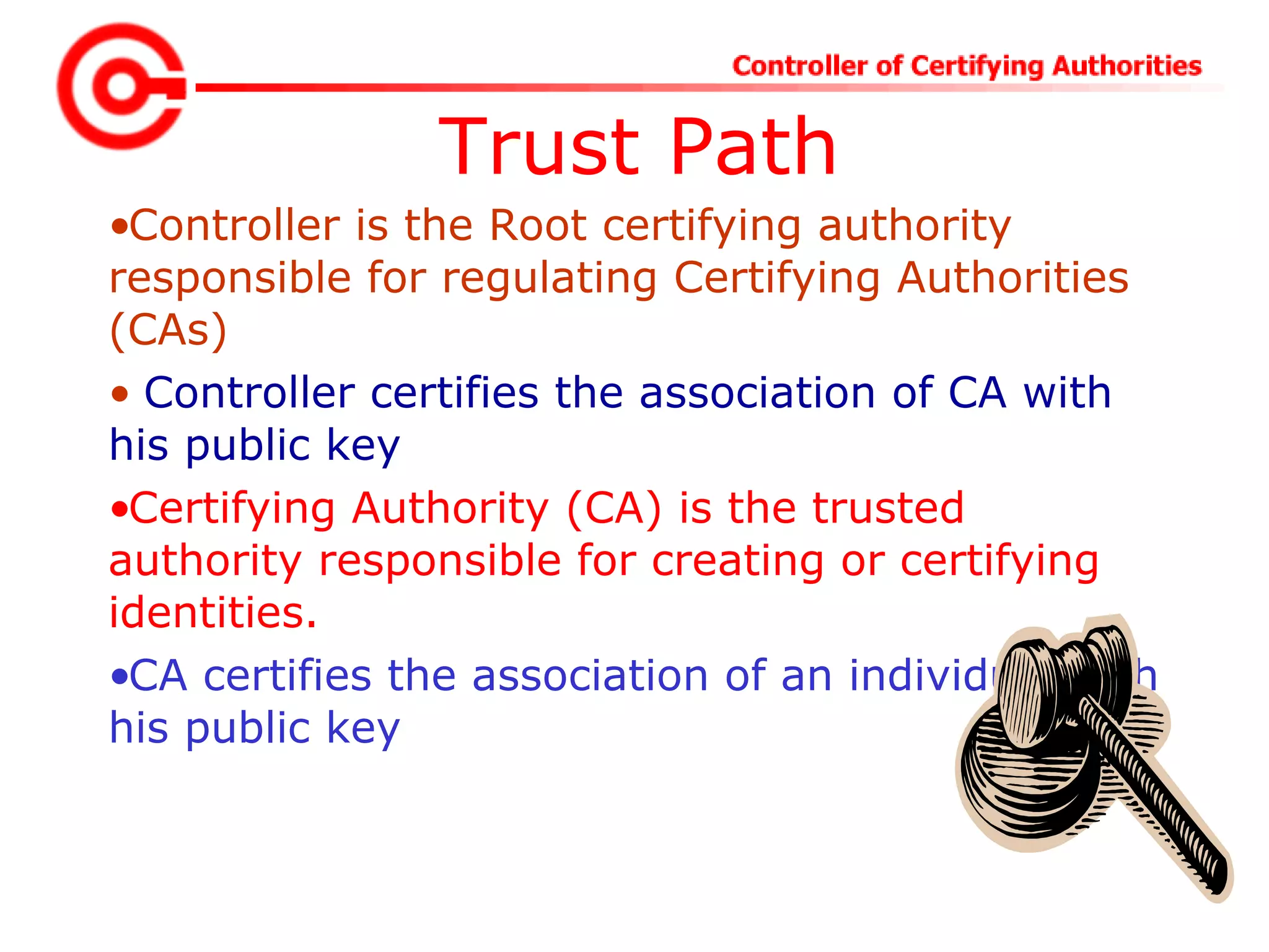 Trust Path
•Controller is the Root certifying authority
responsible for regulating Certifying Authorities
(CAs)
• Controller certifies the association of CA with
his public key
•Certifying Authority (CA) is the trusted
authority responsible for creating or certifying
identities.
•CA certifies the association of an individual with
his public key
 