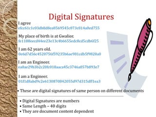• Digital Signatures are numbers
• Same Length – 40 digits
• They are document content dependent
I agree
efcc61c1c03db8d8ea8569545c073c814a0ed755
My place of birth is at Gwalior.
fe1188eecd44ee23e13c4b6655edc8cd5cdb6f25
I am 62 years old.
0e6d7d56c4520756f59235b6ae981cdb5f9820a0
I am an Engineer.
ea0ae29b3b2c20fc018aaca45c3746a057b893e7
I am a Engineer.
01f1d8abd9c2e6130870842055d97d315dff1ea3
• These are digital signatures of same person on different documents
Digital Signatures
 