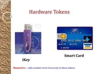 Smart Card
iKey
Hardware Tokens
Biometrics – adds another level of security to these tokens
 