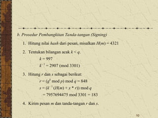 10
b. Prosedur Pembangkitan Tanda-tangan (Signing)
1. Hitung nilai hash dari pesan, misalkan H(m) = 4321
2. Tentukan bilangan acak k < q.
k = 997
k– 1
= 2907 (mod 3301)
3. Hitung r dan s sebagai berikut:
r = (gk
mod p) mod q = 848
s = (k– 1
(H(m) + x * r)) mod q
= 7957694475 mod 3301 = 183
4. Kirim pesan m dan tanda-tangan r dan s.
 