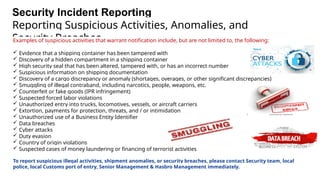 Security Incident Reporting
Reporting Suspicious Activities, Anomalies, and
Security Breaches
Examples of suspicious activities that warrant notification include, but are not limited to, the following:
 Evidence that a shipping container has been tampered with
 Discovery of a hidden compartment in a shipping container
 High security seal that has been altered, tampered with, or has an incorrect number
 Suspicious information on shipping documentation
 Discovery of a cargo discrepancy or anomaly (shortages, overages, or other significant discrepancies)
 Smuggling of illegal contraband, including narcotics, people, weapons, etc.
 Counterfeit or fake goods (IPR infringement)
 Suspected forced labor violations
 Unauthorized entry into trucks, locomotives, vessels, or aircraft carriers
 Extortion, payments for protection, threats, and / or intimidation
 Unauthorized use of a Business Entity Identifier
 Data breaches
 Cyber attacks
 Duty evasion
 Country of origin violations
 Suspected cases of money laundering or financing of terrorist activities
To report suspicious illegal activities, shipment anomalies, or security breaches, please contact Security team, local
police, local Customs port of entry, Senior Management & Hasbro Management immediately.
 