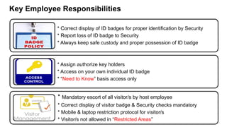 * Correct display of ID badges for proper identification by Security
* Report loss of ID badge to Security
* Always keep safe custody and proper possession of ID badge
* Assign authorize key holders
* Access on your own individual ID badge
* “Need to Know” basis access only
* Mandatory escort of all visitor/s by host employee
* Correct display of visitor badge & Security checks mandatory
* Mobile & laptop restriction protocol for visitor/s
* Visitor/s not allowed in “Restricted Areas”
Key Employee Responsibilities
 