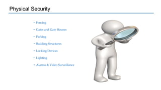 Physical Security
• Fencing
• Gates and Gate Houses
• Parking
• Building Structures
• Locking Devices
• Lighting
• Alarms & Video Surveillance
 