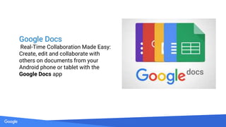 Source: Lorem ipsum dolor sit amet, consectetur adipiscing elit. Duis non erat sem
Proprietary + Confidential
Google Docs
Real-Time Collaboration Made Easy:
Create, edit and collaborate with
others on documents from your
Android phone or tablet with the
Google Docs app
 