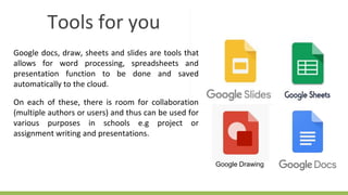 Google docs, draw, sheets and slides are tools that
allows for word processing, spreadsheets and
presentation function to be done and saved
automatically to the cloud.
On each of these, there is room for collaboration
(multiple authors or users) and thus can be used for
various purposes in schools e.g project or
assignment writing and presentations.
Tools for you
Google Drawing
 