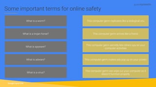 g.co/digitalskills
What is a worm?
What is a trojan horse?
What is spyware?
What is adware?
This computer germ replicates like a biological viru
This computer germ arrives like a friend.
This computer germ secretly lets others spy on your
computer activities
This computer germ makes ads pop up on your screen
Some important terms for online safety
What is a virus?
This computer germ can wipe out your computer so it
doesn't function properly
 