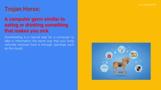 g.co/digitalskills
Trojan Horse:
A computer germ similar to
eating or drinking something
that makes you sick
Downloading is a natural way for a computer to
take in information the same way that your body
naturally receives food is through openings such
as the mouth.
 