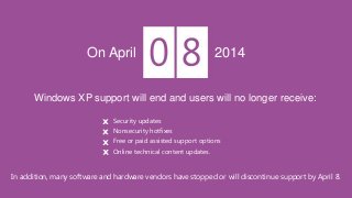 On April

2014

Windows XP support will end and users will no longer receive:
Security updates

Nonsecurity hotfixes
Free or paid assisted support options
Online technical content updates.

In addition, many software and hardware vendors have stopped or will discontinue support by April 8.

 