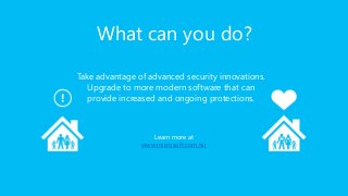 What can you do?
Take advantage of advanced security innovations.
Upgrade to more modern software that can
provide increased and ongoing protections.

Learn more at
www.microsoft.com/sir

 
