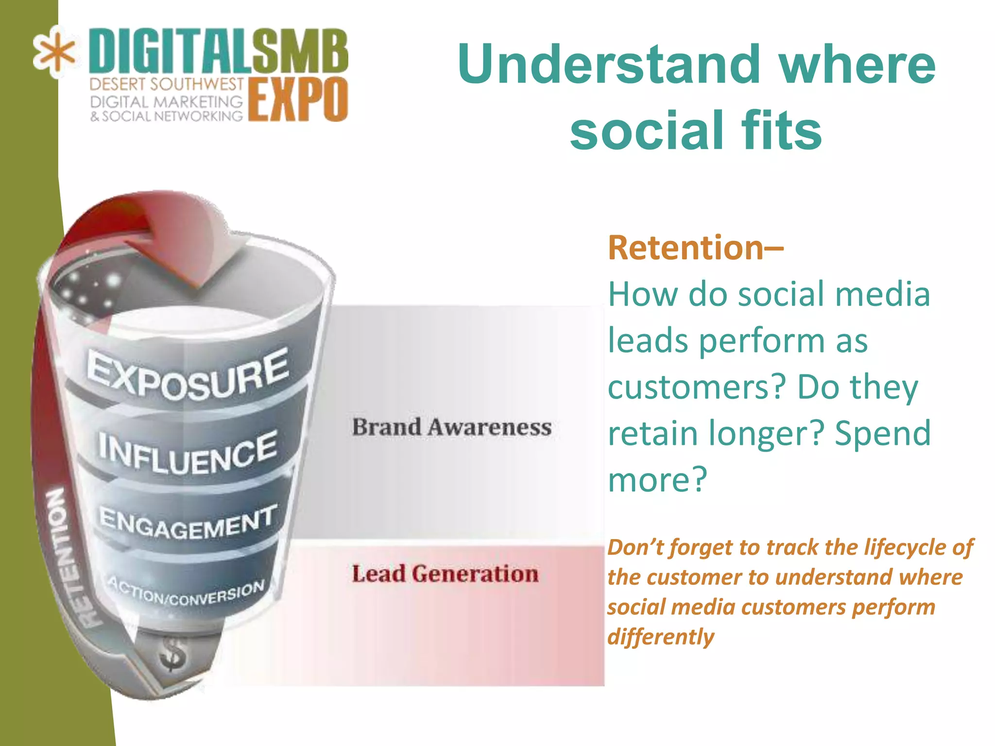 Understand where
   social fits
     Retention–
     How do social media
     leads perform as
     customers? Do they
     retain longer? Spend
     more?
     Don’t forget to track the lifecycle of
     the customer to understand where
     social media customers perform
     differently
 