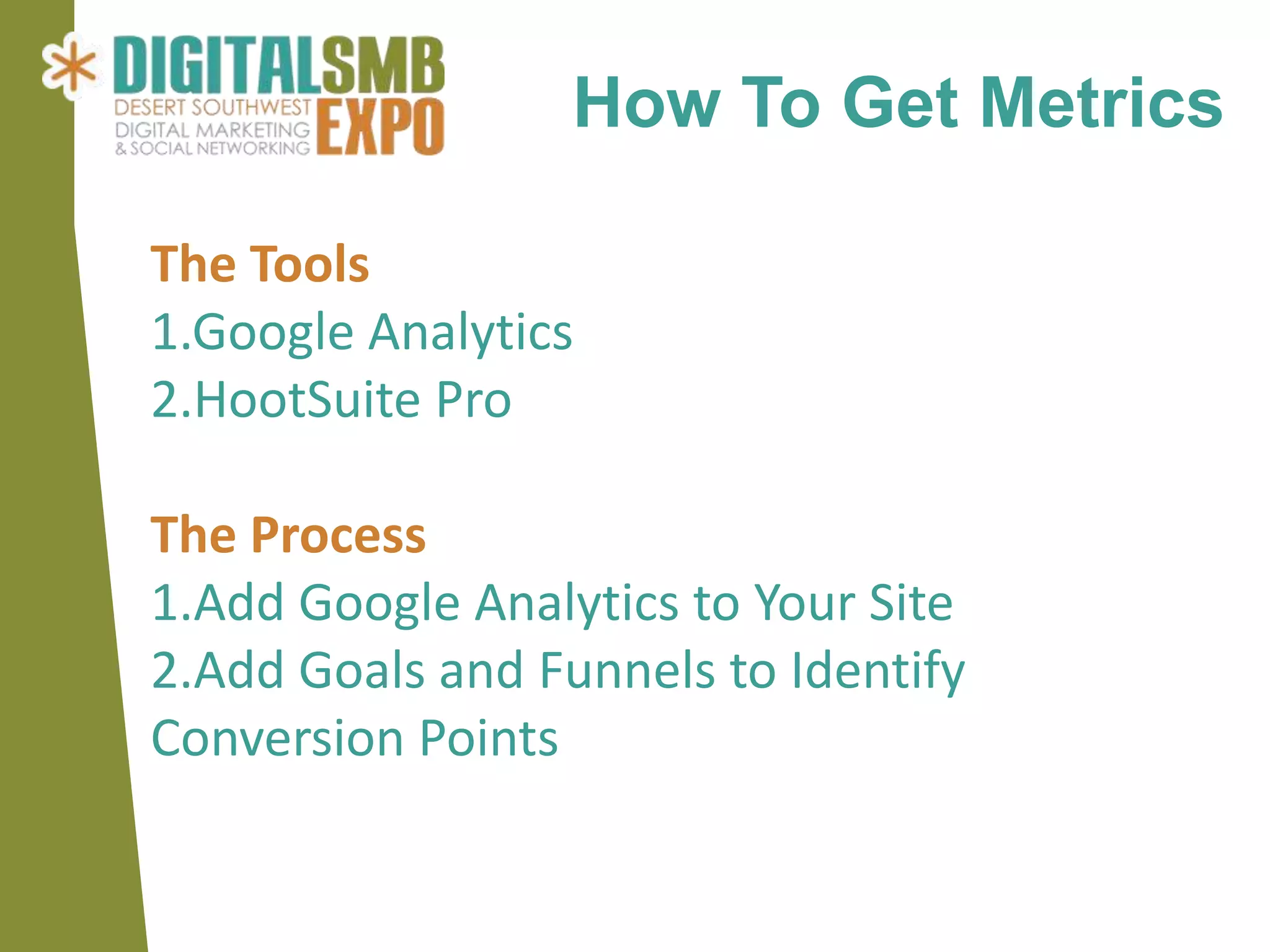 How To Get Metrics

The Tools
1.Google Analytics
2.HootSuite Pro

The Process
1.Add Google Analytics to Your Site
2.Add Goals and Funnels to Identify
Conversion Points
 