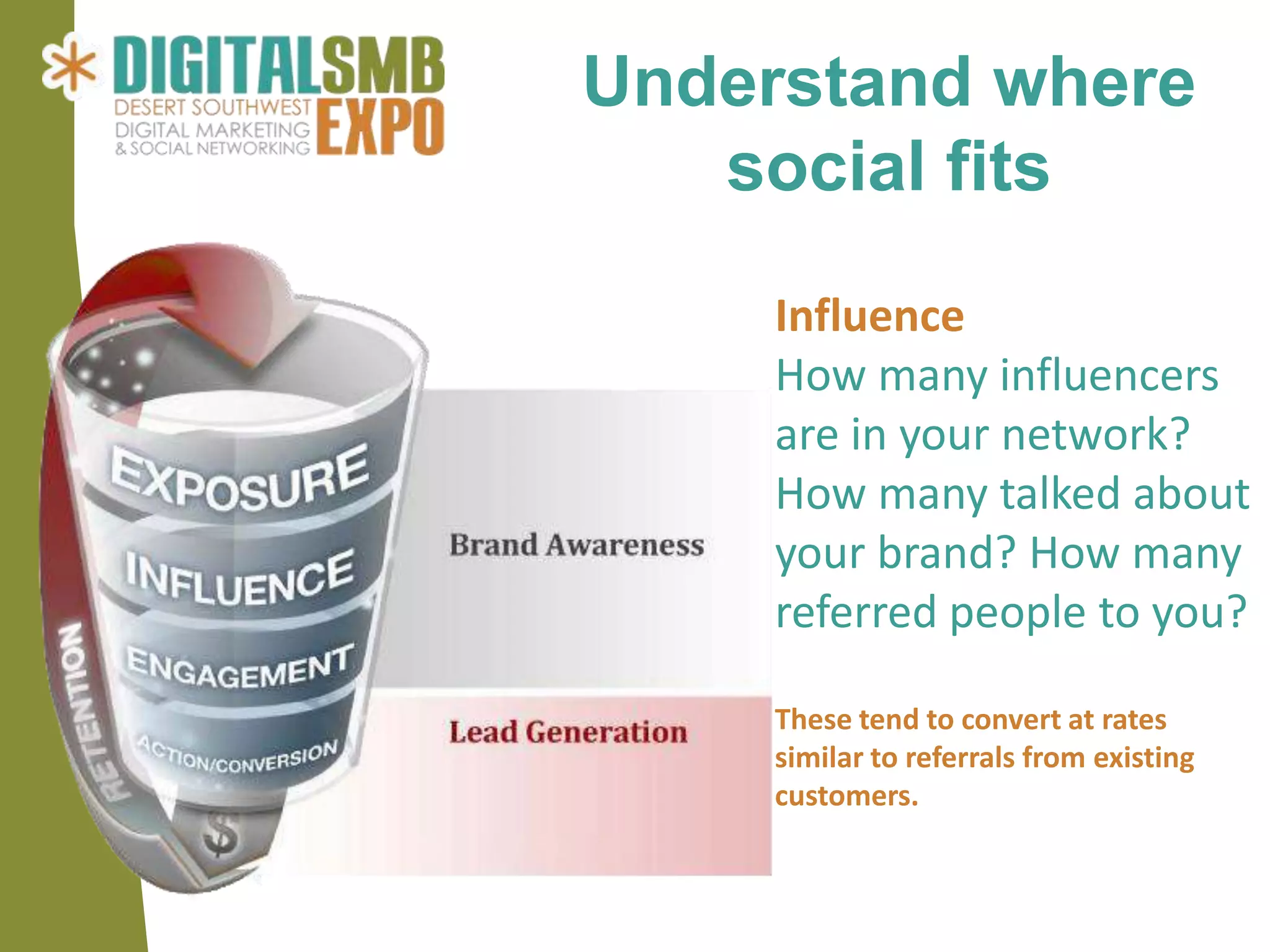 Understand where
   social fits
     Influence
     How many influencers
     are in your network?
     How many talked about
     your brand? How many
     referred people to you?

     These tend to convert at rates
     similar to referrals from existing
     customers.
 
