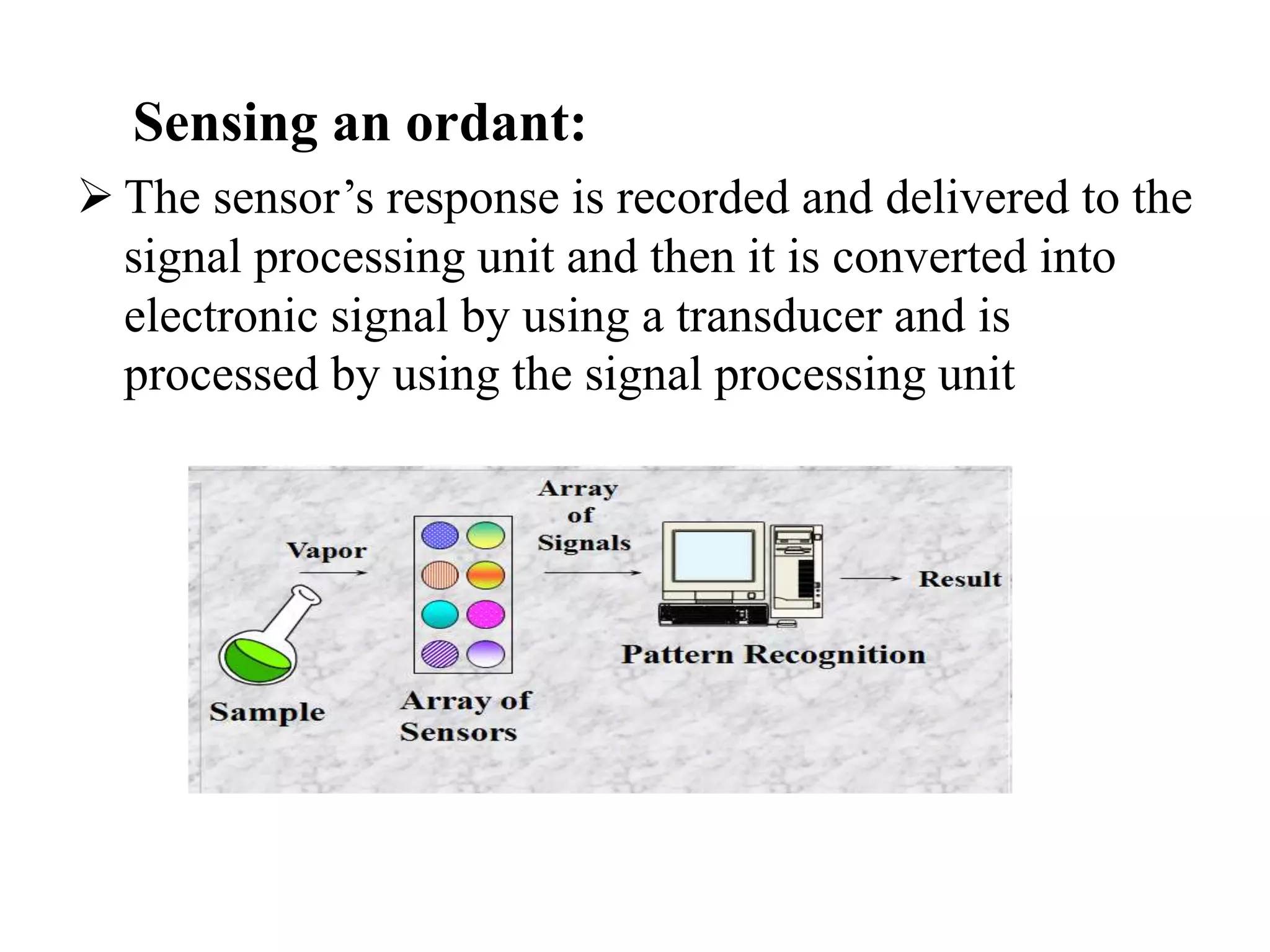 Sensing an ordant:
 The sensor’s response is recorded and delivered to the
signal processing unit and then it is converted into
electronic signal by using a transducer and is
processed by using the signal processing unit
 