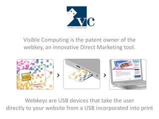 Visible Computing is the patent owner of the 
webkey, an innovative Direct Marketing tool. 
Webkeys are USB devices that take the user 
directly to your website from a USB incorporated into print 
 