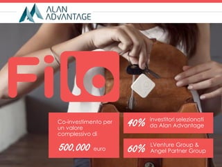 Co-investimento per
un valore
complessivo di
500.000 euro
40% investitori selezionati
da Alan Advantage
60% LVenture Group &
Angel Partner Group
 