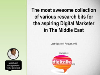 .me
The most awesome collection
of various research bits for
the aspiring Digital Marketer
in The Middle East
Last Updated: August 2013
.meMohit Jain
www.digitalks.me
Twitter: @mohitdxb
COMPILED BY:
 
