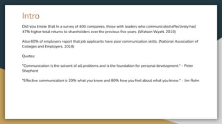 Intro
Did you know that In a survey of 400 companies, those with leaders who communicated effectively had
47% higher total returns to shareholders over the previous five years. (Watson Wyatt, 2010)
Also 60% of employers report that job applicants have poor communication skills. (National Association of
Colleges and Employers, 2018)
Quotes:
"Communication is the solvent of all problems and is the foundation for personal development." - Peter
Shepherd
"Effective communication is 20% what you know and 80% how you feel about what you know." - Jim Rohn
 