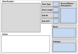 Shot Number: 
Shot Length 
Action 
Shot Type 
Edit IN 
Edit OUT 
Sound Effects / 
Atmosphere 
Music 
Dialogue 
 