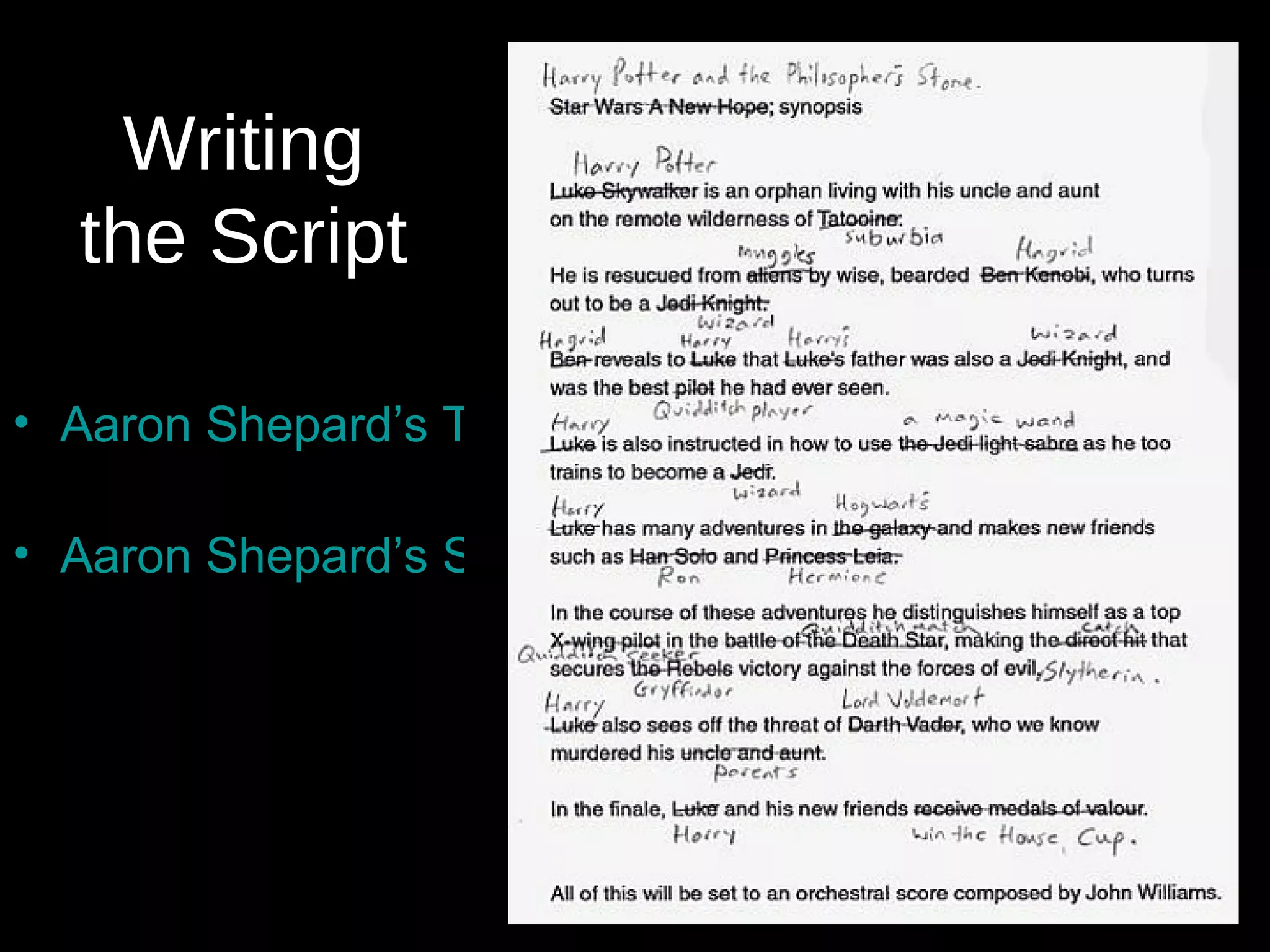 Writing the Script Aaron Shepard’s Tips on Scripting Aaron Shepard’s Sample Scripts 