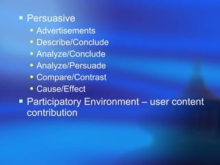 Persuasive Advertisements Describe/Conclude Analyze/Conclude Analyze/Persuade Compare/Contrast Cause/Effect Participatory Environment – user content contribution 