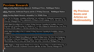 2022). The New Bricolage: Assembling and Remixing Voice and Images in a Multimodal Argumentative Text:
In A. Hirvela & D. Belcher (Eds.) Argumentative Writing in a Second Language, 135-151. Ann Arbor MI: The
University of Michigan Press.
(2019). Digital Storytelling in the L2 Graduate Writing Classroom: Expanding the Possibility of Personal
Expression and Textual Borrowing. In S. Khadka & J.C. Lee (Eds.) Bridging the Multimodal Gap: From Theory
to Practice, 182-200. Logan, UT: Utah State University Press.
(2018). Digital Storytelling in The L2 Academic Writing Classroom: Expanding the Possibilities. Dialogues.
Available at https://dialogues.ojs.chass.ncsu.edu/index.php/dialogues/article/view/30/16.
(2015). The Use of Digital Storytelling in an Academic Writing Course: The Story of an Immigrant.
In Teaching U.S-Educated Multilingual Writers: Practices from and for the Classroom. Edited by
Mark Roberge, Kay M. Losey, and Margi Wald. Ann Arbor: University of Michigan Press.
(2008). Blogging as a Bridge between Multiple Forms of Literacy: The Use of Blogs in an Academic Writing Class. In
D. Belcher & A. Hirvela (Eds.) Oral/Written Connections (288-309). Ann Arbor: University of Michigan Press.
My Previous
Books and
Articles on
Multimodality
Previous Research
(2021). Creating Digital Literacy Spaces for Multilingual Writers. Multilingual Matters
(2012). Plagiarism, Intellectual Property and the L2 Writing Classroom. Multilingual Matters
(2014) Teaching Digital Literacies. Alexandria, VA: TESOL Press.
 