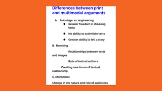 Differences between print
and multimodal arguments
A. bricolage vs. engineering
◆ Greater freedom in choosing
texts
◆ No ability to assimilate texts
◆ Greater ability to tell a story
B. Remixing
Relationships between texts
and images
Role of textual authors
Creating new forms of textual
relationship
C. Rhizomatic
Change in the nature and role of audiences
 