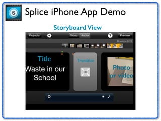 Splice iPhone App Demo 
Storyboard View 
Title Transition 
Photo 
or video 
 