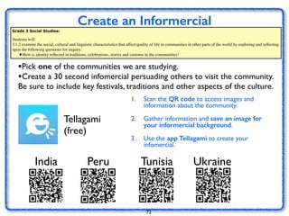 Create an Informercial 
Grade 3 Social Studies: 
Students will: 
3.1.2 examine the social, cultural and linguistic characteristics that affect quality of life in communities in other parts of the world by exploring and reflecting 
upon the following questions for inquiry: 
• How is identity reflected in traditions, celebrations, stories and customs in the communities? 
•Pick one of the communities we are studying. 
•Create a 30 second infomercial persuading others to visit the community. 
Be sure to include key festivals, traditions and other aspects of the culture. 
72 
Tellagami 
(free) 
Haiku Deck (free) 
1. Scan the QR code to access images and 
information about the community. 
2. Gather information and save an image for 
your informercial background. 
3. Use the app Tellagami to create your 
infomercial. 
India Peru Tunisia Ukraine 
 