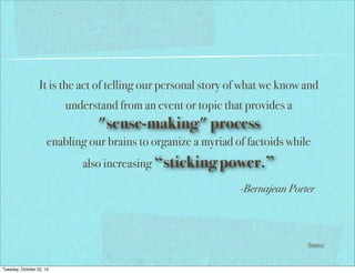 It is the act of telling our personal story of what we know and
understand from an event or topic that provides a

"sense-making" process
enabling our brains to organize a myriad of factoids while
also increasing “sticking power.”
-Bernajean Porter

Source

Tuesday, October 22, 13

 
